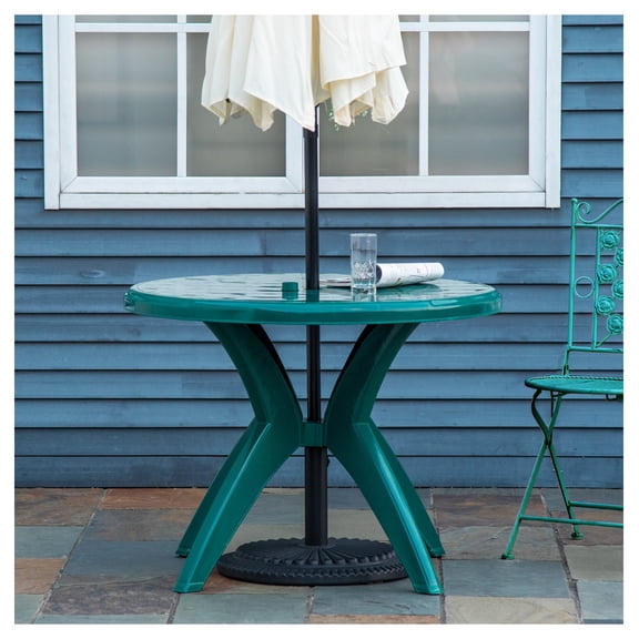 36.25" Round Plastic Patio Table with Umbrella Hole, Outdoor Dining Table for Garden, Backyard, Poolside, Green