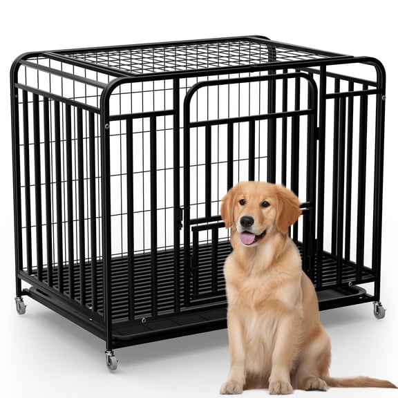 36.4"25"32.6" Dog Crate, Heavy-Duty Iron Dog Crate with Detachable Leak-Proof Tray for Small & Medium-Sized Dogs