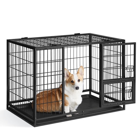 36.4 Inch Heavy Duty Dog Crate Metal Escape Proof Kennel With Double Doors And Convenient Feeding Door Removable Tray Easy To Clean L Pet For Medium Small Dogs Black