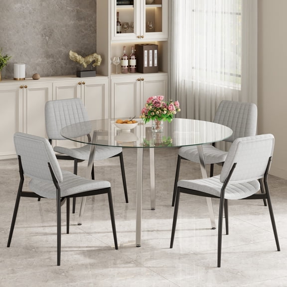 36"/42"/47" Round Tempered Glass Dining Set, Glass Top Table & 2/4 Linen Upholstered Arm Chairs for Kitchen, Living Room
