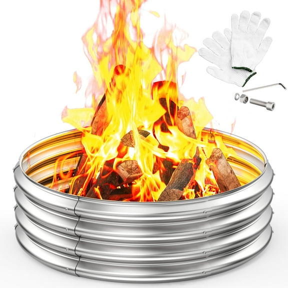 Waykar 36 inch Round Outdoor Fire Pit Ring, Heavy-Duty Galvanized Steel Fire Ring for Camping, Backyard Bonfires, and Outdoor Activities, Silver
