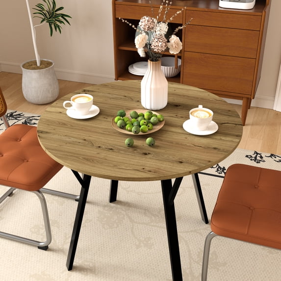 36.48 Inch Round Kitchen Table, Metal Black Legs, Brown , Modern Ambiance For 2-4 People Dining Table Inch, Top, Appeal Diners