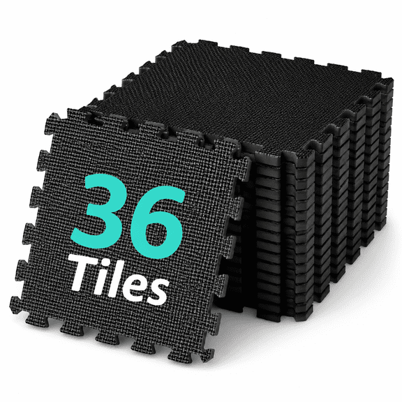 36/48Pcs 12"X12" Interlocking Exercise Equipment Mats, High-Density Rubber EVA Foam Mats, Non-slip Cushioned Fitness Flooring Pad for Home Gym/Workout Area (Black)