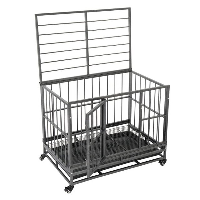 36.5” Heavy Duty Dog Cage, Rolling Metal Dog Crate with Openable Top/Litter Pans for Medium