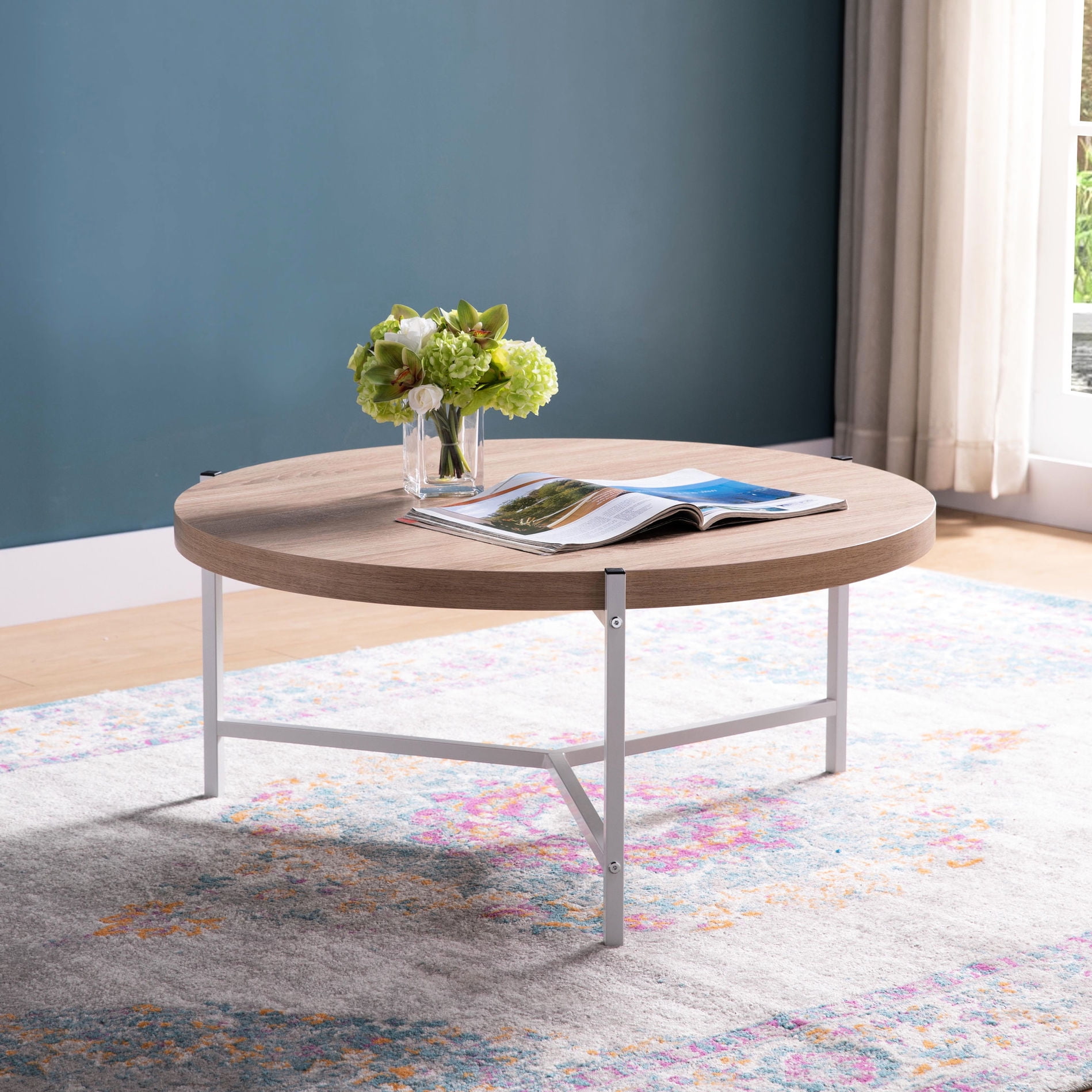 36.5 - inch Round Coffee Table White Metal Legs Natural Color Serves as ...