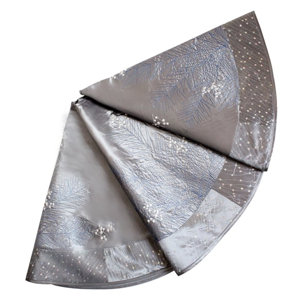 36"/50" Deluxe Embroidered Pine Branches Cherry with Sequin Sparkle Border Christmas Tree Skirt Silvery Tree Skirt with Red Border Decoration