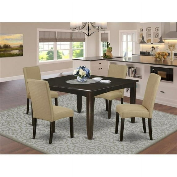 36-54 in. Parfait Square Dining Table with 18 in. Butterfly Leaf & Four Parson Chair with Cappuccino Leg & Linen Fabric - Brown, 5 Piece