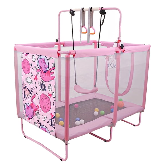 3655 Inch Toddler Trampoline, Rectangular Mini Trampoline with Safety Net, Ball Pit, Swing & Rings, Indoor Outdoor, Pink/Blue