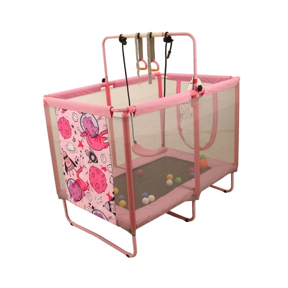 3655 Inch Toddler Trampoline, Rectangular Mini Trampoline with Safety Net, Ball Pit, Swing & Rings, Indoor Outdoor, Pink/Blue