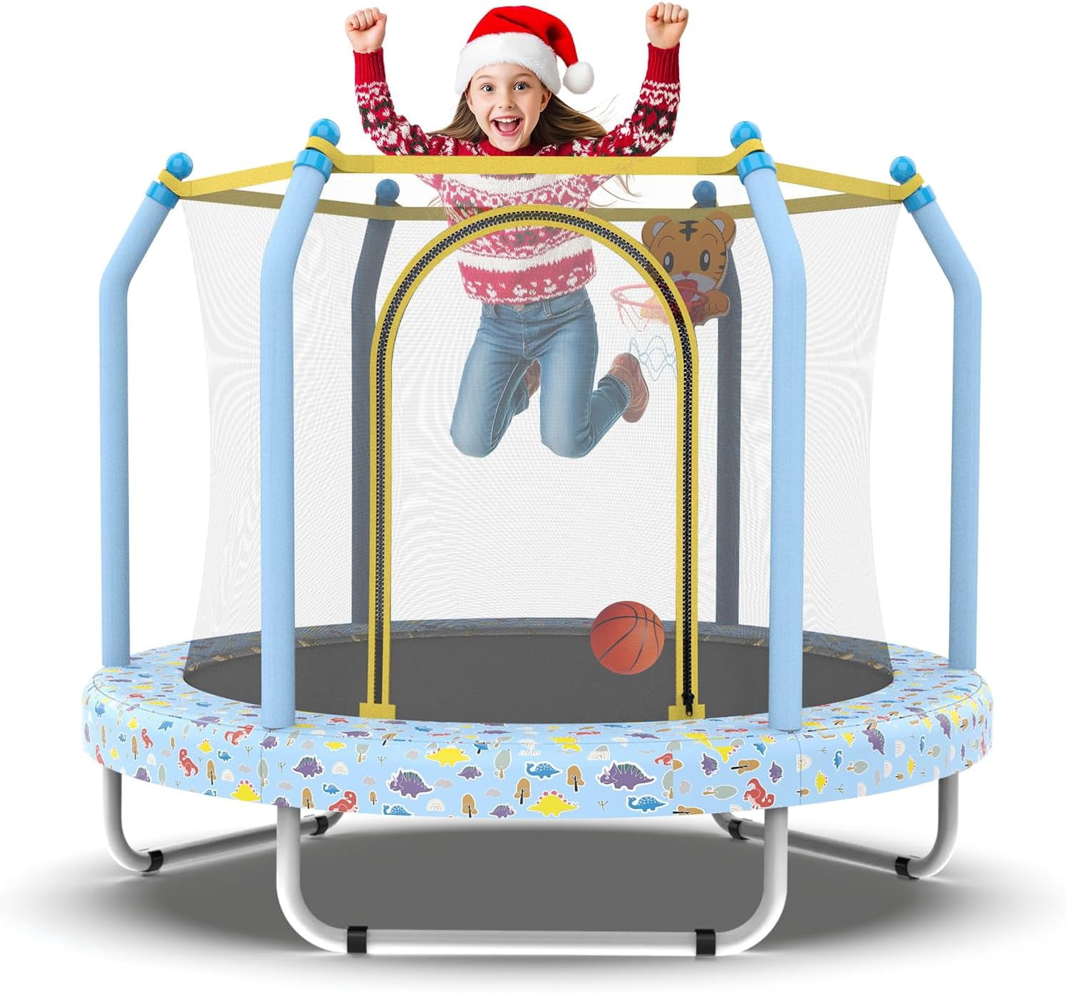 55" Trampoline for Kids, Mini Toddler Trampolines Indoor with Basketball Hoop & Safety Enclosure Net, No-Gap Safe Design for Boys Girls Ages 1-8