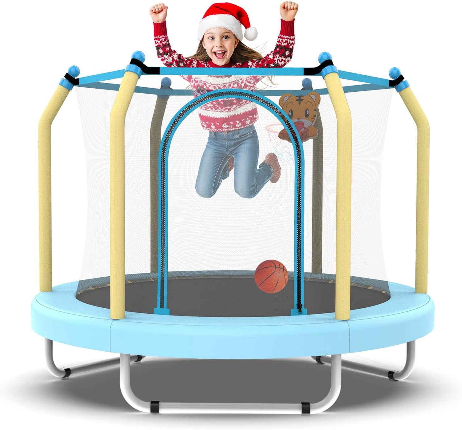 55" Trampoline for Kids, Mini Toddler Trampolines Indoor with Basketball Hoop & Safety Enclosure Net, No-Gap Safe Design for Boys Girls Ages 1-8