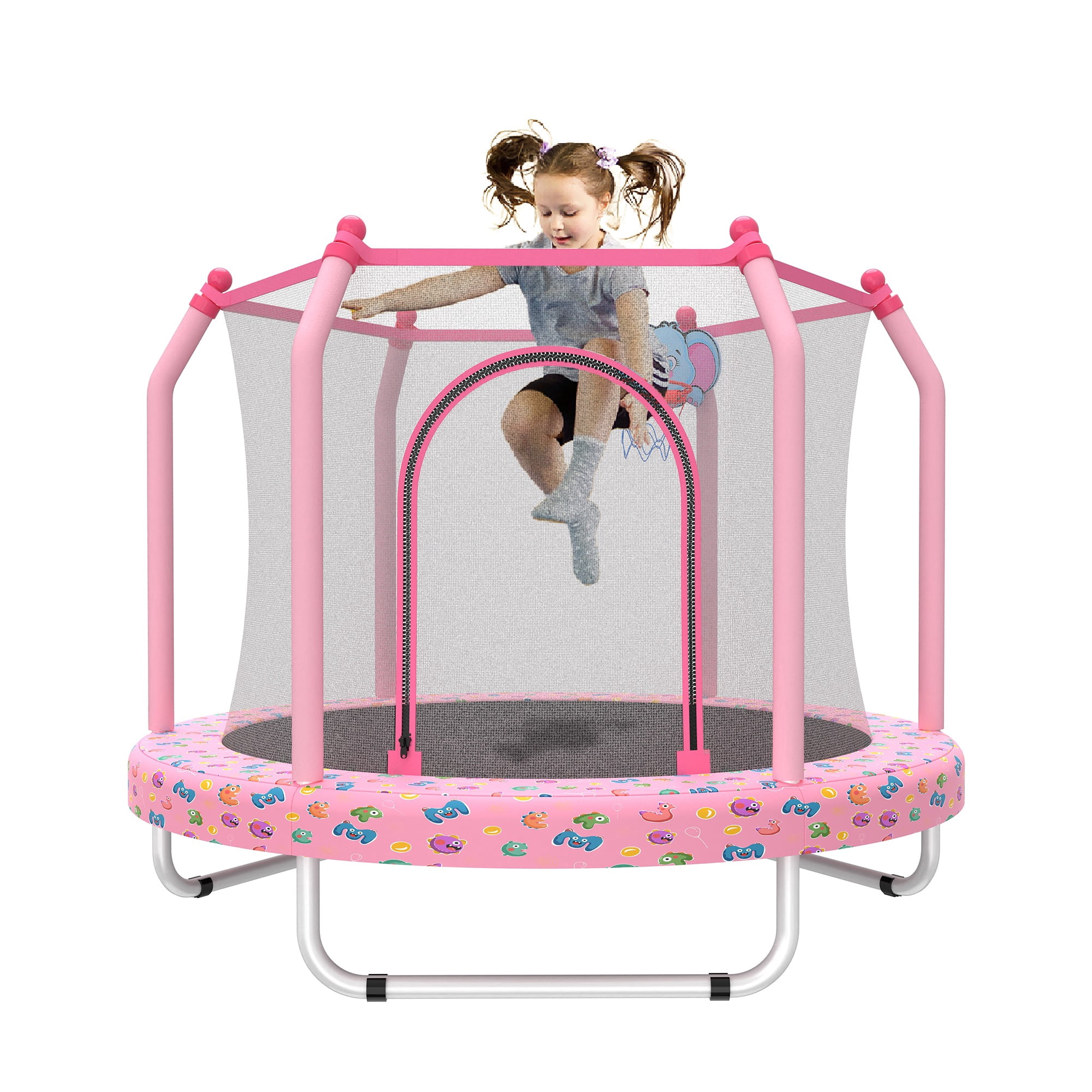 55" Trampoline for Kids, Mini Toddler Trampolines Indoor with Basketball Hoop & Safety Enclosure Net, No-Gap Safe Design for Boys Girls Ages 1-8