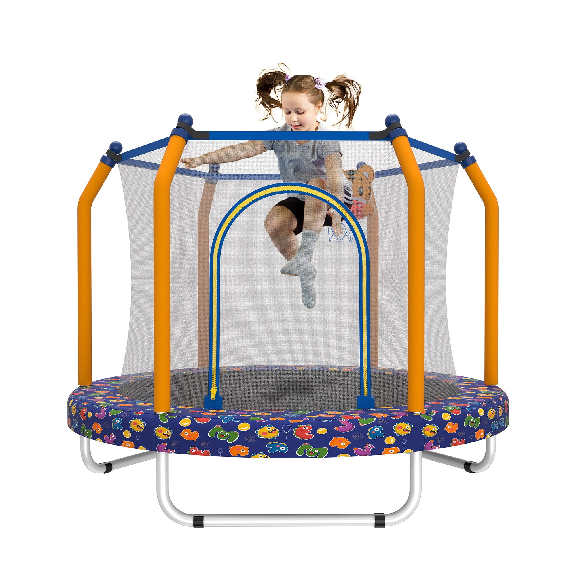 55" Trampoline for Kids, Mini Toddler Trampolines Indoor with Basketball Hoop & Safety Enclosure Net, No-Gap Safe Design for Boys Girls Ages 1-8