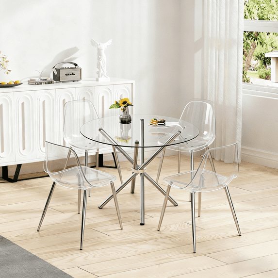 LUFTUT 36.6'' 5-Piece Round Glass Dining Table Set for 4, Modern Minimalist Kitchen Table with Silver Metal X-Base & Clear Acrylic Chairs, Compact Circular Dining Set for Apartment & Small Spaces