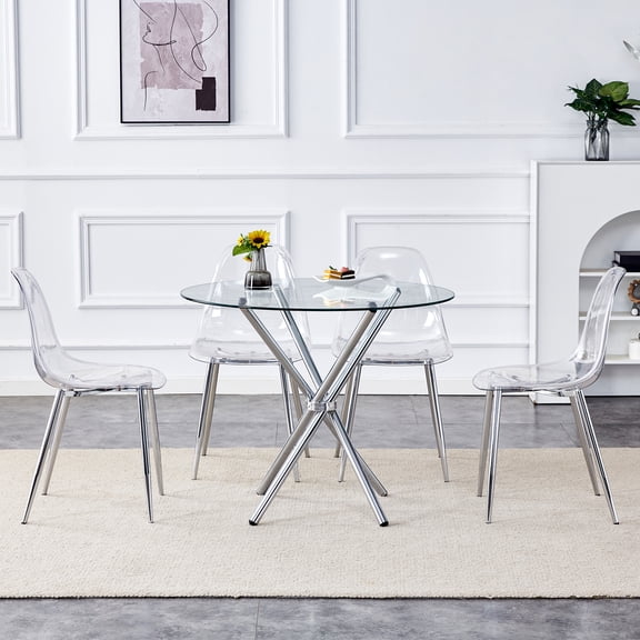 36.6" Round Clear Glass Table & 4 Transparent PP Chair Set, Ring-Shaped Silver Metal Legs for Modern Spaces