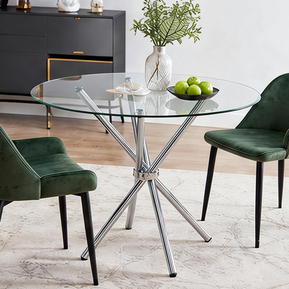 36.6" Round Glass Dining Table for 2-4 People, Kitchen Table with Silver Metal Legs, Modern Circular for Kitchens, Terraces, Dining Rooms