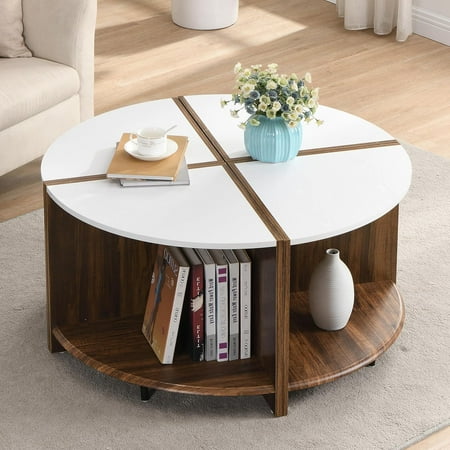 36.6" Round Mid-Century Modern Coffee Table with Storage - White Wood-Grain Top & Brown Frame, Open Compartments, Adjustable Feet