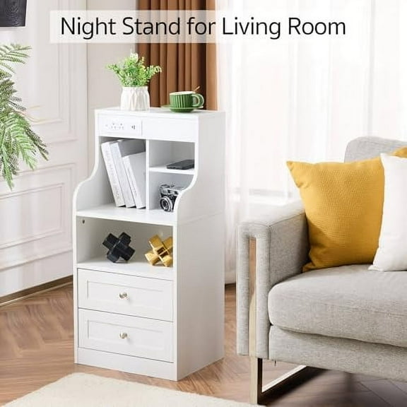 36.6" Tall LED Nightstand with Charging Station, Smart Wood Bedside Table - 2 Outlets/USB-C, RGB Lights, 2 Drawers & Storage Rack, Easy Assembly for Bedroom/Living Room