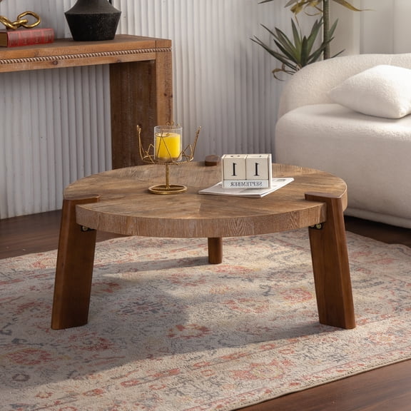 36.61" Round Herringbone Coffee Table - Solid Wood & MDF Rustic Coffee Table with Tapered Legs, Natural Distressed Wood Finish for Living Room