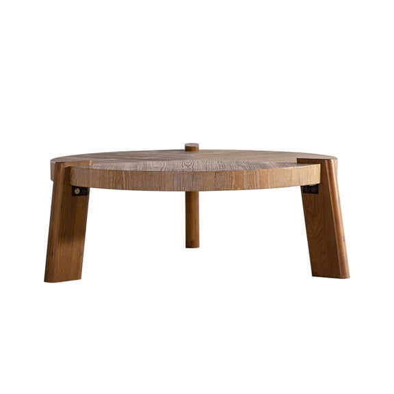 36.61" Round Herringbone Coffee Table - Solid Wood & MDF Rustic Coffee Table with Tapered Legs, Natural Distressed Wood Finish for Living Room