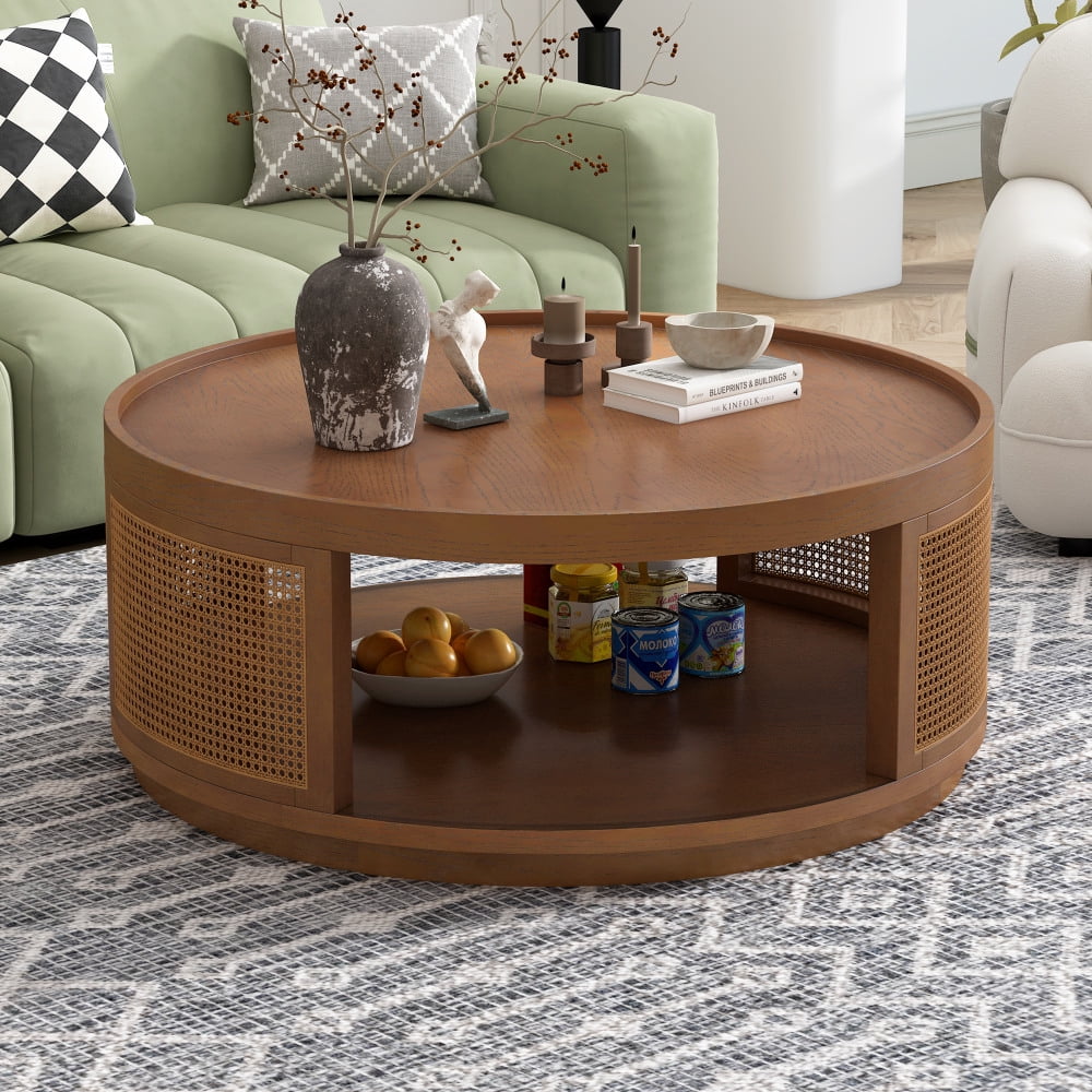 Solid Oak Wood Coffee Table With 2 Drawers - Mid Century Modern 2-Tier Living Room Table, 39.37" W, Oak Walnut Finish