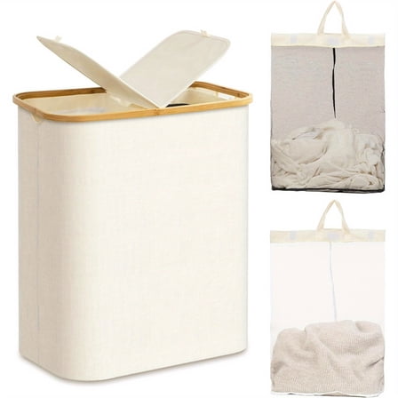 36.98 Gallon Laundry Hamper with Lid, Two-Tier Sorting Basket with Bamboo Handle & Removable Bag, Space-Saving Organizer for Bedroom & Laundry Room