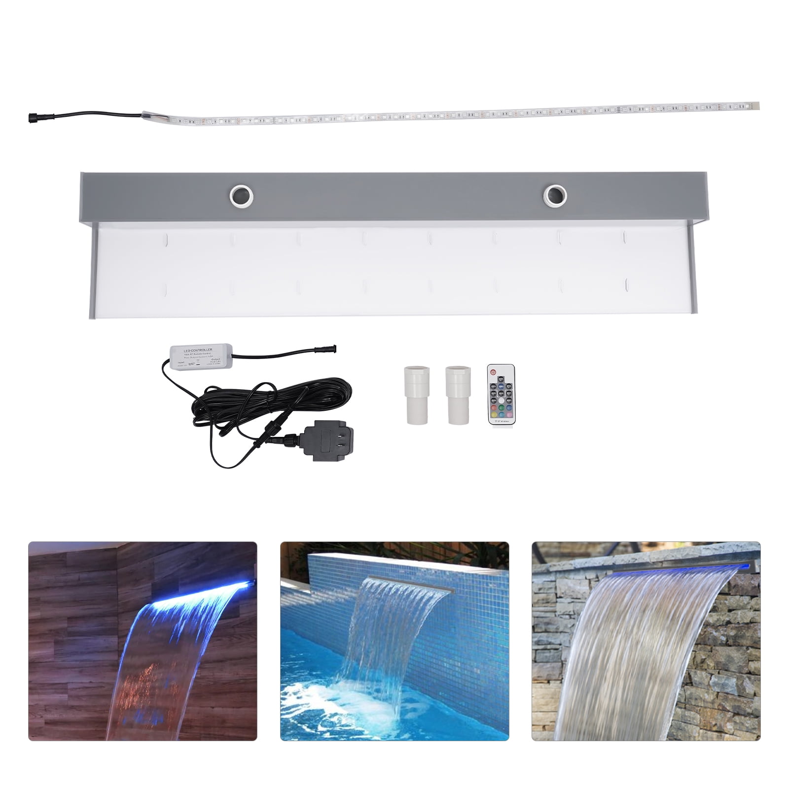 36" Acrylic Waterfall Spillway with Remote Control, 7 Colors SMD LED Pool Fountain, Outdoor Decorations