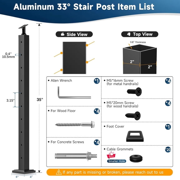 36" Aluminum Cable Railing Stair Post Perfect for Coastal Projects, 33 ° Drilled Stair Wire Deck Post for 28-38 Degrees Stair, Black Coating Stair Post for Cable Railing System Outdoor Seaside
