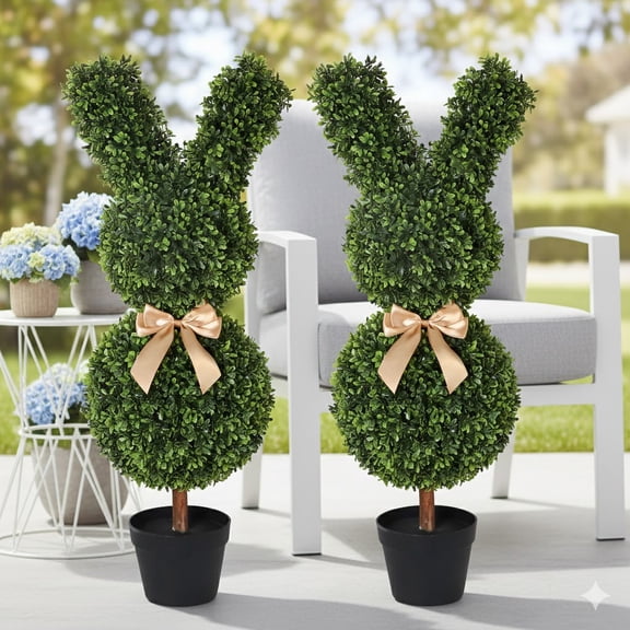 36" Artificial Bunny Topiary Trees (Set Of 2) - Faux Waxberry Animal Shaped Boxwood Plants With Ribbon For Outdoor Front Porch & Easter Decor, UV Resistant