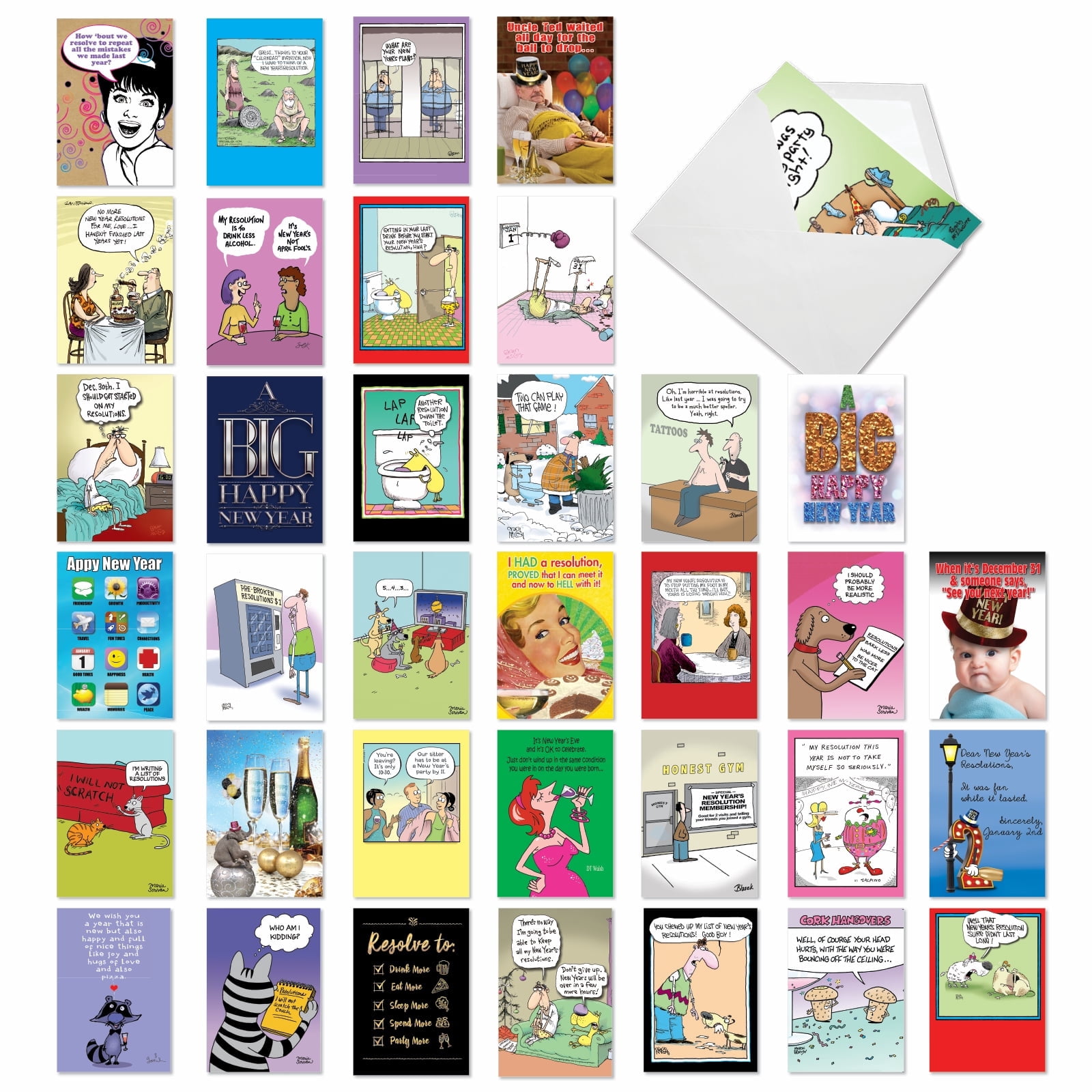 36 Assorted Set Hysterical New Year Greeting Cards - New Year Laughs - Funny Illustrations with Various Characters and Themes