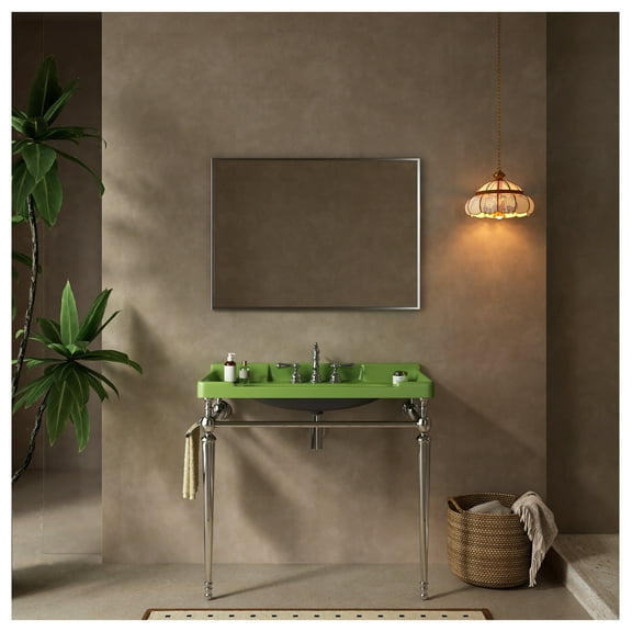 36" Bathroom Console Sink, Wall-Mounted Green Ceramic Vanity Basin with 3 Pre-drilled Holes, Freestanding Stainless Steel Support Legs with Towel Bar, No , Color