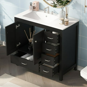 36" Bathroom Vanities Cabinet with Sink Combo Set, Undermount Ceramic Sink with Storage Cabinet, Modern Cabinet with 2 Soft Close Doors and 5 Drawers