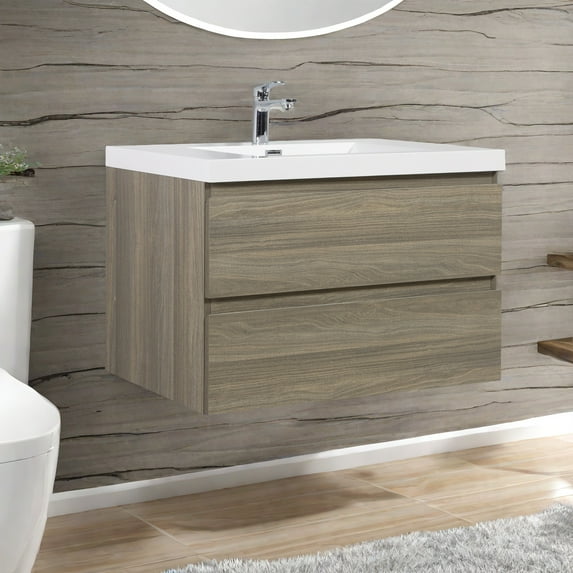 36" Bathroom Vanities with Sink Combo, Wall Mounted Floating Cabinet W/Resin Top Basin, Soft-Close System, 2 Extra Big Drawers, Ash Grey
