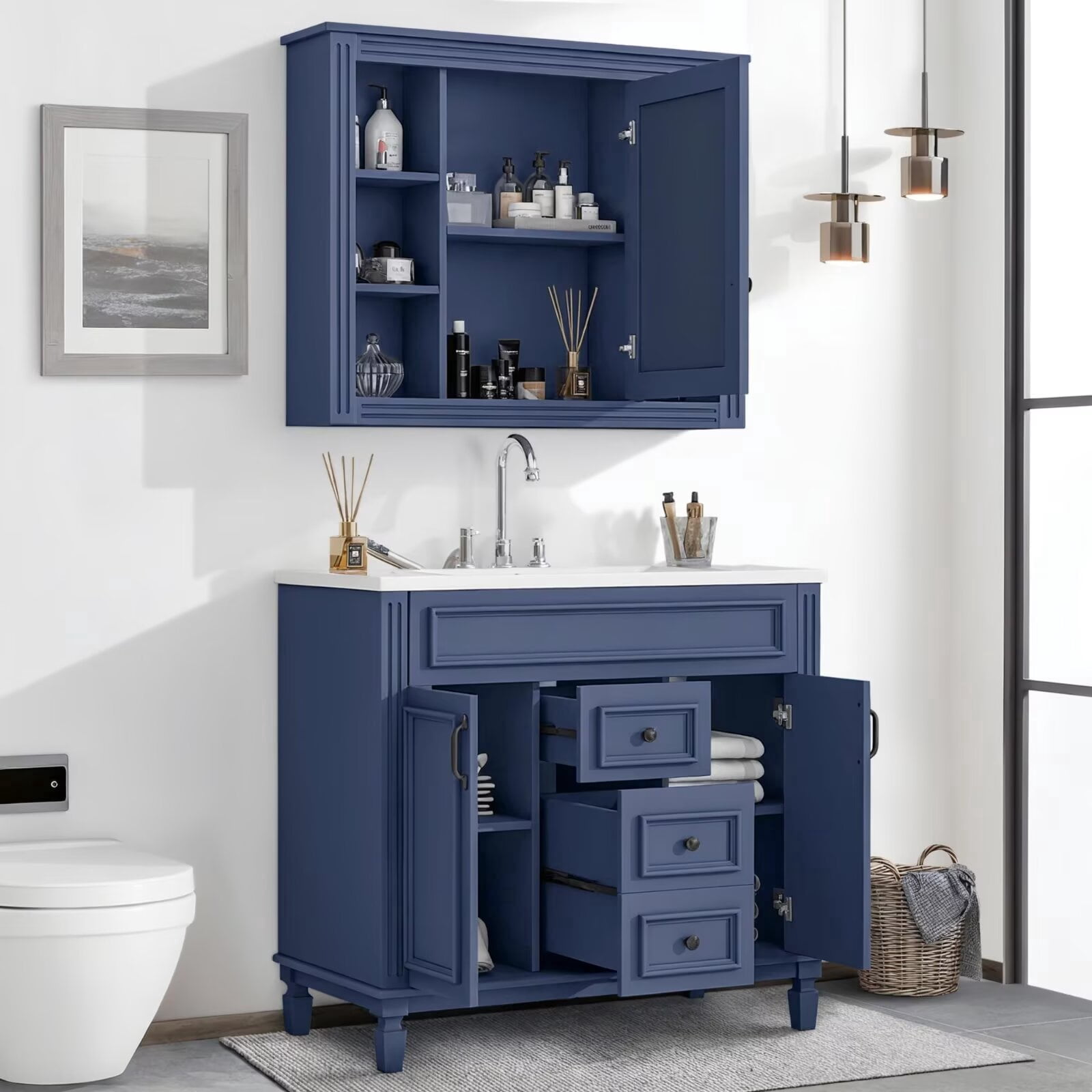 36" Bathroom Vanity with 3 Hole Ceramic Sink and Mirror Cabinet Combo, Wood Freestanding Single Basin Vanity Set with Storage Shelves Drawers Doors, Blue