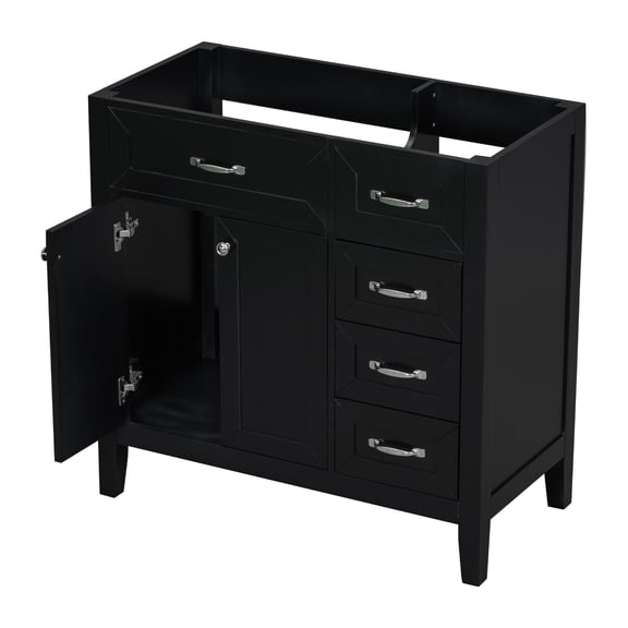 36" Bathroom Vanity Base Only, Black Modern Cabinet w/ Drawers, Solid Wood & MDF, Freestanding Sink Vanity, Center Sink