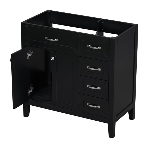 36" Bathroom Vanity Base Only, Black, Modern Style, Solid Wood & MDF, Freestanding Cabinet w/ Drawers