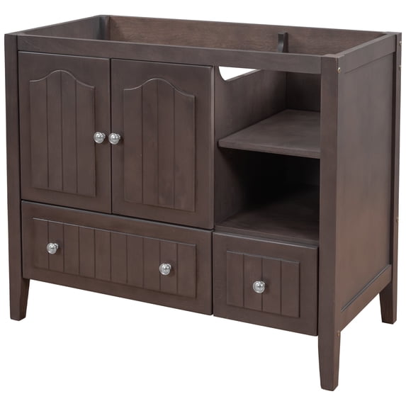 36" Bathroom Vanity Base Only, Solid Wood Frame with Durable MDF Construction-Brown