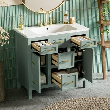 36" Bathroom Vanity Cabinet with Resin Integrated Sink, Freestanding Single Basin Vanity Set with 4 Drawers, 2 Doors, Wood Bathroom Cabinet Combo, Green