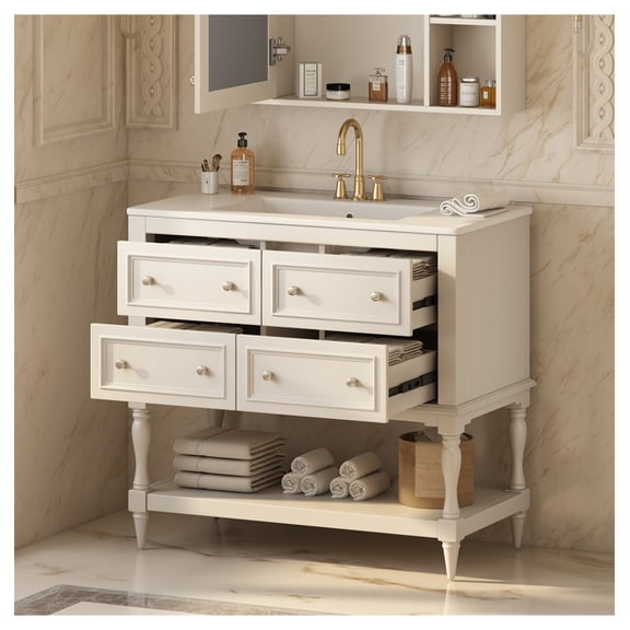 36" Bathroom Vanity Cabinet with Sink Combo Set, Undermount Ceramic Sink, Free Standing Vanity Set with 4 Drawers, Solid Wood Frame Bathroom Cabinet, Beige