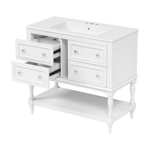 36" Bathroom Vanity Cabinet with Sink Combo Set, Undermount Ceramic Sink, Free Standing Vanity Set with 4 Drawers, Solid Wood Frame Bathroom Cabinet, White