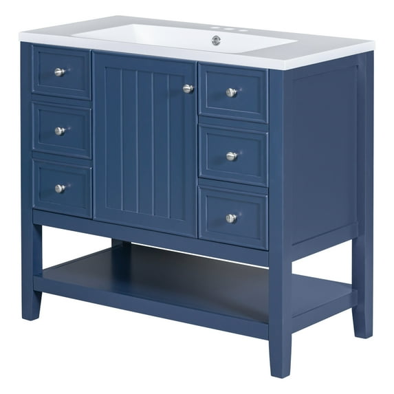 36" Bathroom Vanity Cabinet Sink Combo with 3 Drawers and 1 Cabinet, Solid Wood Frame Bathroom Vanities, Blue