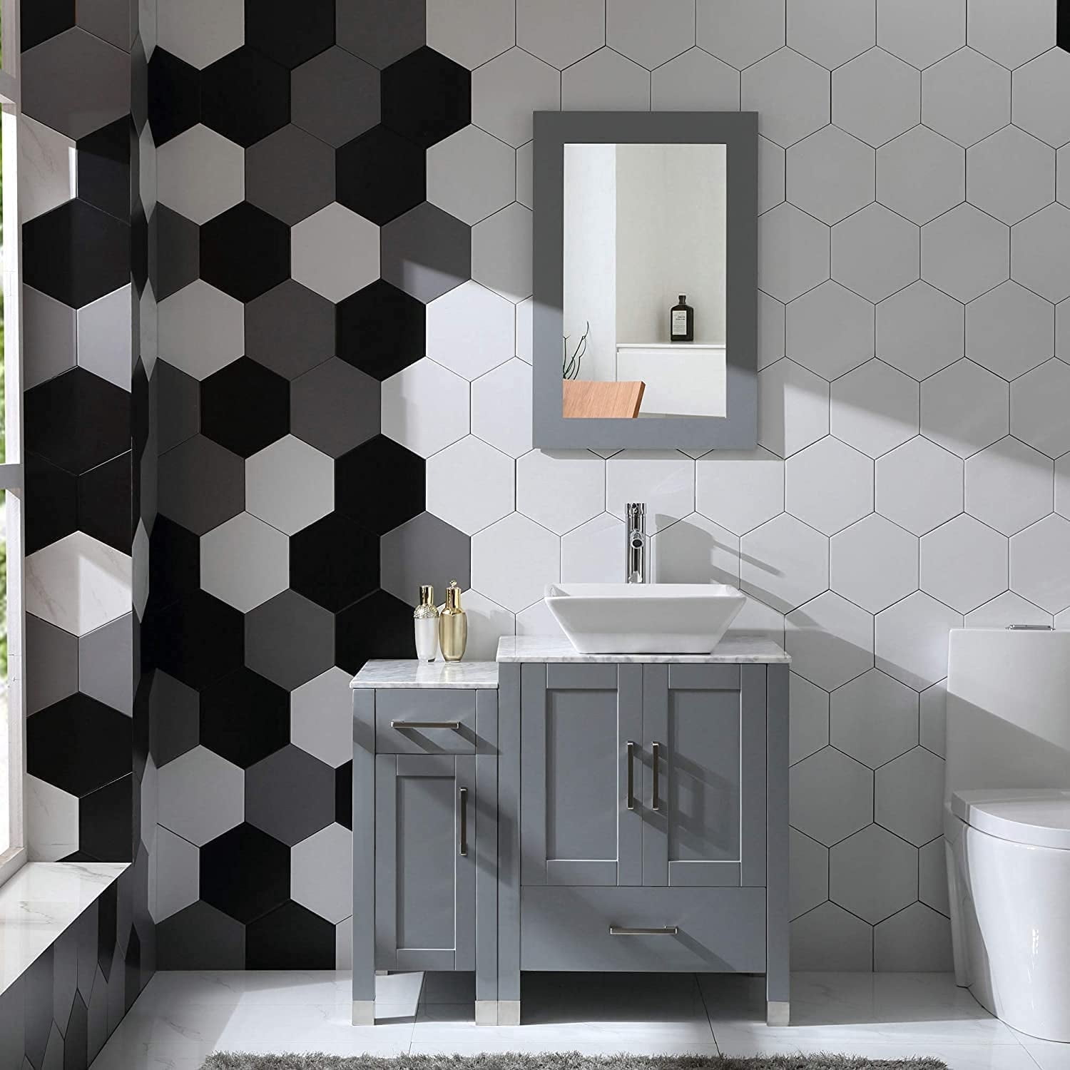 36" Bathroom Vanity Cabinet and Sink Combo Solid Wood Marble Top w/Mirror Faucet&Drain,Gray