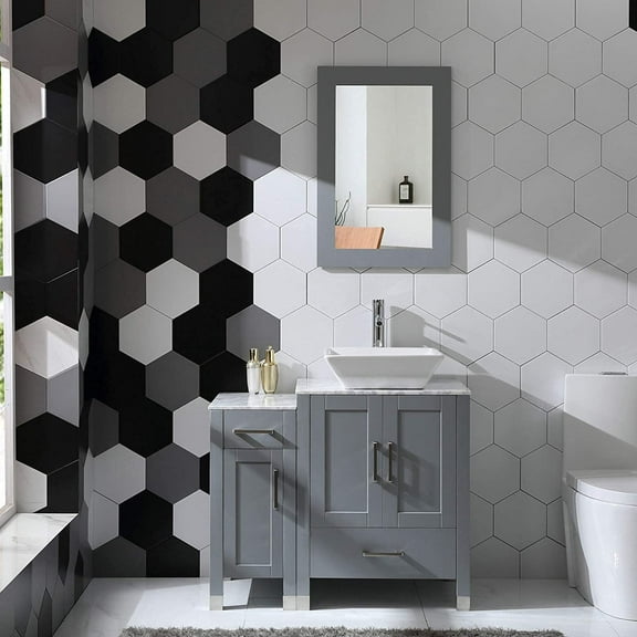36" Bathroom Vanity Cabinet and Sink Combo Solid Wood Marble Top w/Mirror Faucet&Drain,Gray
