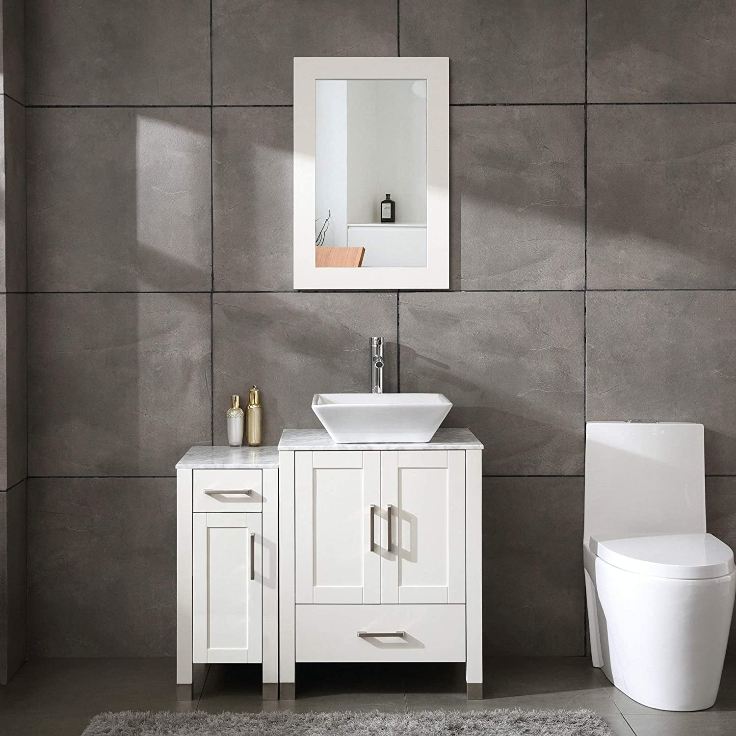 "White 36"" Bathroom Vanity and Sink Combo, Solid Wood Marble