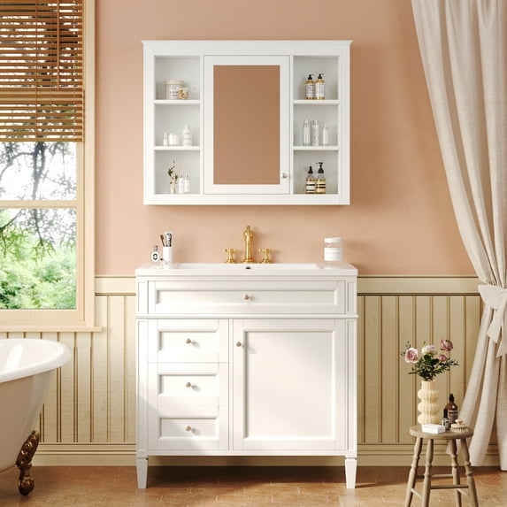 36" Bathroom Vanity Cabinet with Matching Mirror Medicine Cabinet, Bathroom Storage Cabinet With Sink Top, 2 Doors And 4 Drawers For Home Bathroom