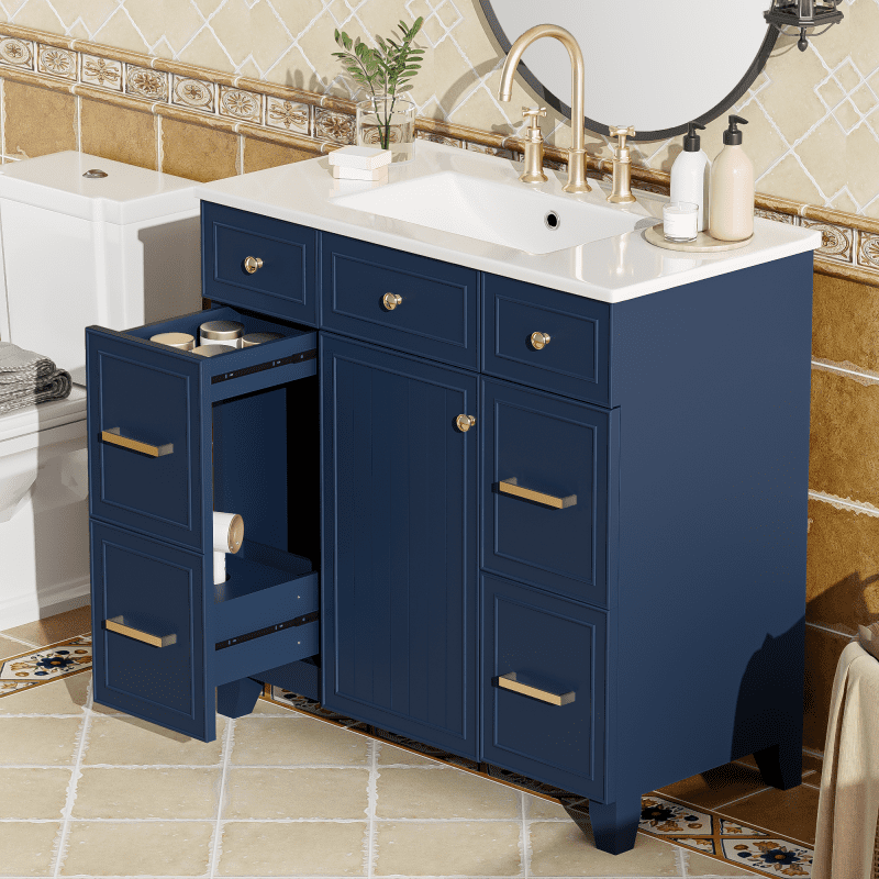36" Bathroom Vanity With Resin Sink - Black Chestnut Freestanding 2-Door Cabinet, Gold Handles, Soft Close