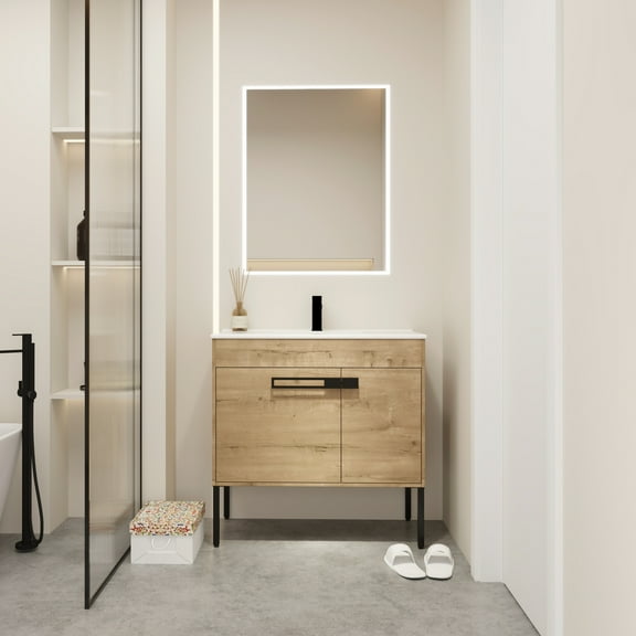 36" Bathroom Vanity With Ceramic Basin. Freestanding And Floating Versions. Dual-purpose Use. Hardware. Plywood Vanity. Modern Decoration 36 Inch Sink Unit. Or Floating. Model. Silent-closing