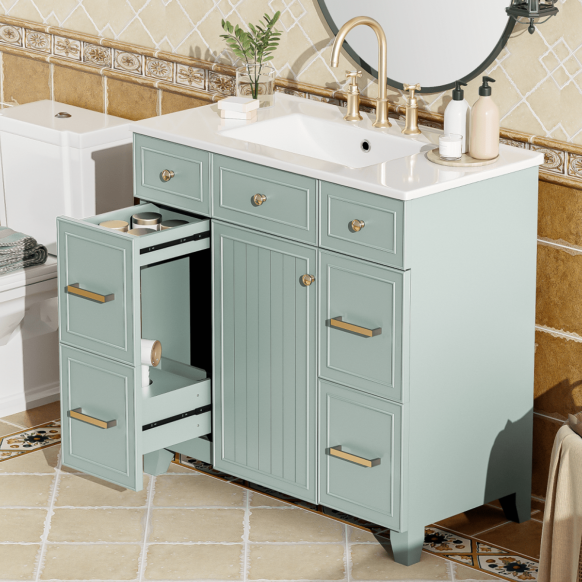 36" Bathroom Vanity with Ceramic Sink, Bathroom Storage Cabinet with 3 ...