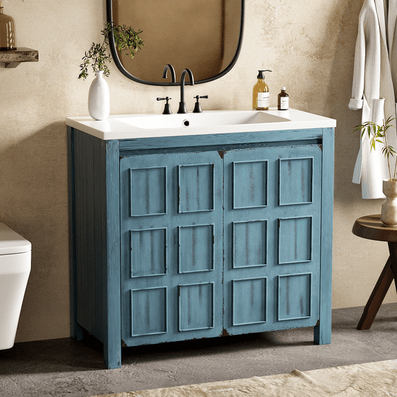 36" Bathroom Vanity with Ceramic Sink,Bathroom Vanity Sink Combo with Soft Close,Bathroom Vanities Cabinet with Thickened Wood.Adjustable Shelves,Abundant Storage Space,Retro Blue.