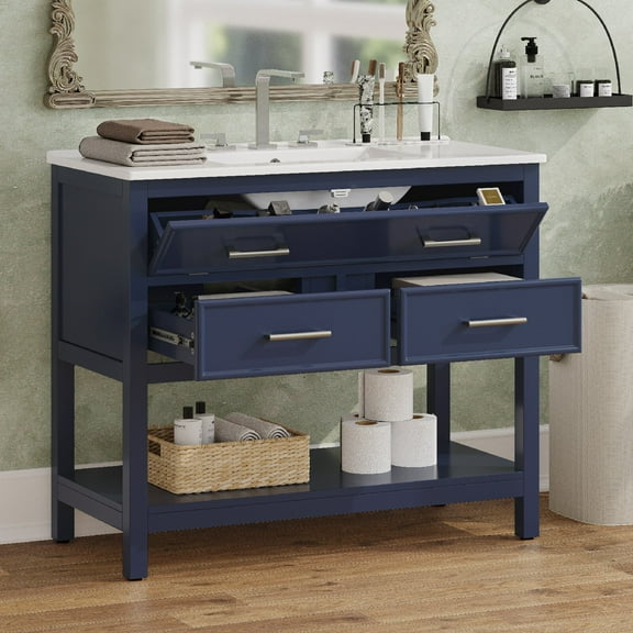 36" Bathroom Vanity with Ceramic Sink, Bathroom Vanity with Tip-Out Tray and 2 Full-Extension Drawers, Silver Pulls and Soft Close Drawer Slides Design, 1 Open Shelf at the Bottom, Blue